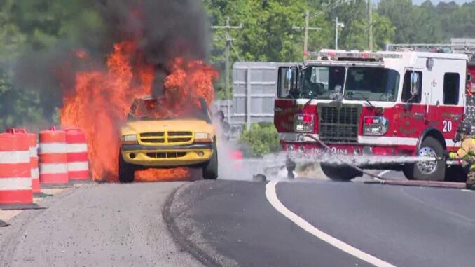 Crews battle fully engulfed car fire on I-485 near Pineville